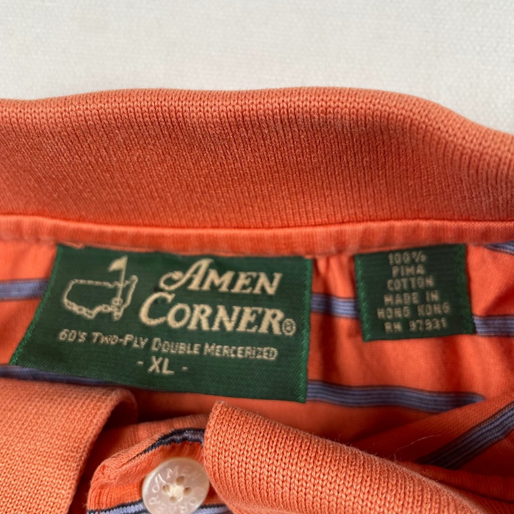 Amen Corner Masters Golf Polo Shirt Mens XL Orange Striped Pima Cotton Flaw‎ - Picture 2 of 8